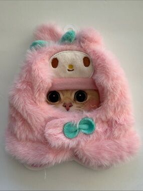 Adorable Pink Furry Character Hood with Mint Bow